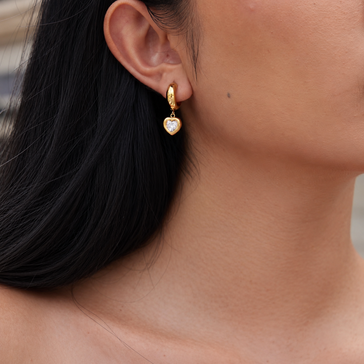 Bella 18K PVD Gold Heart CZ Hoop Earrings