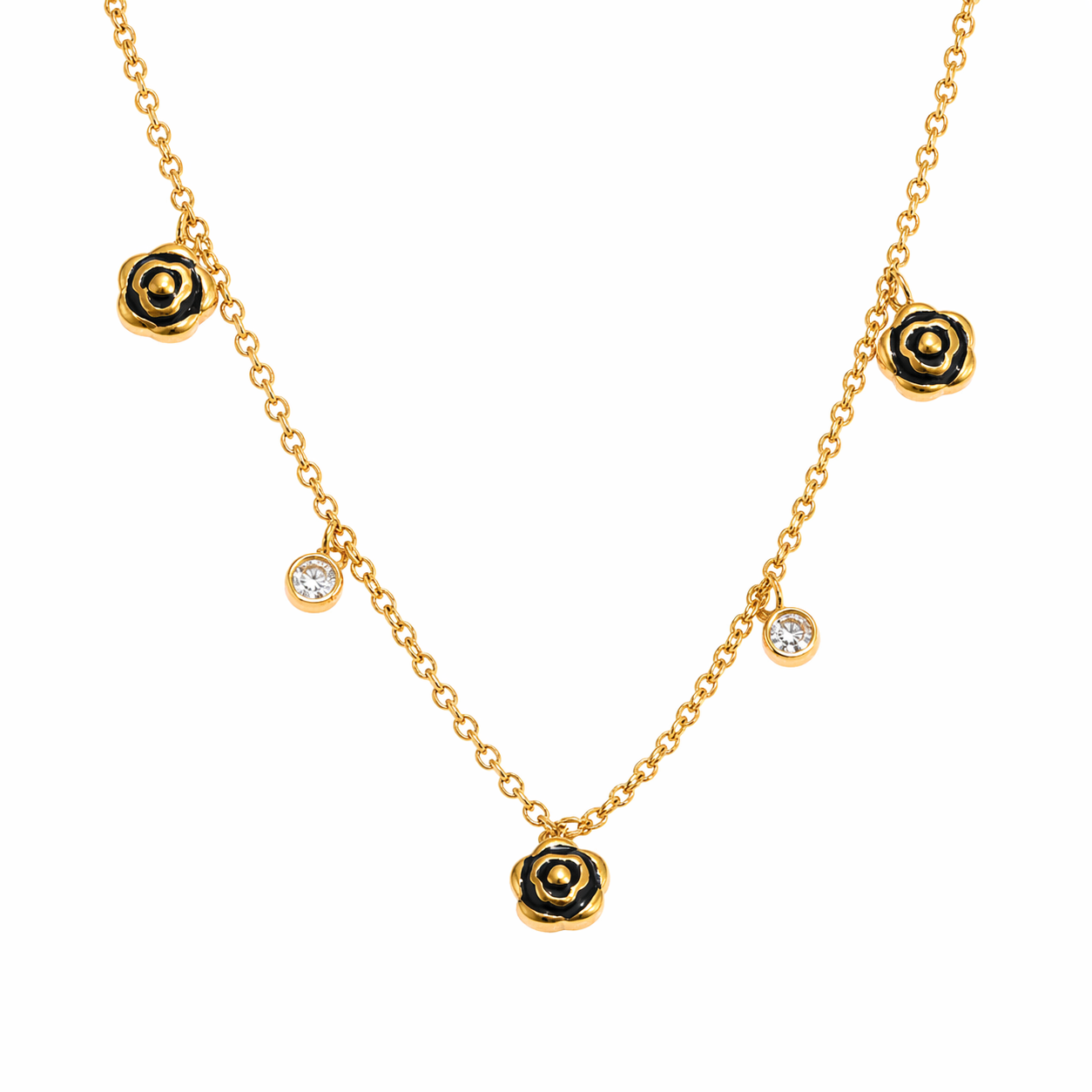 Nova Black Enamel Flower Gold Necklace