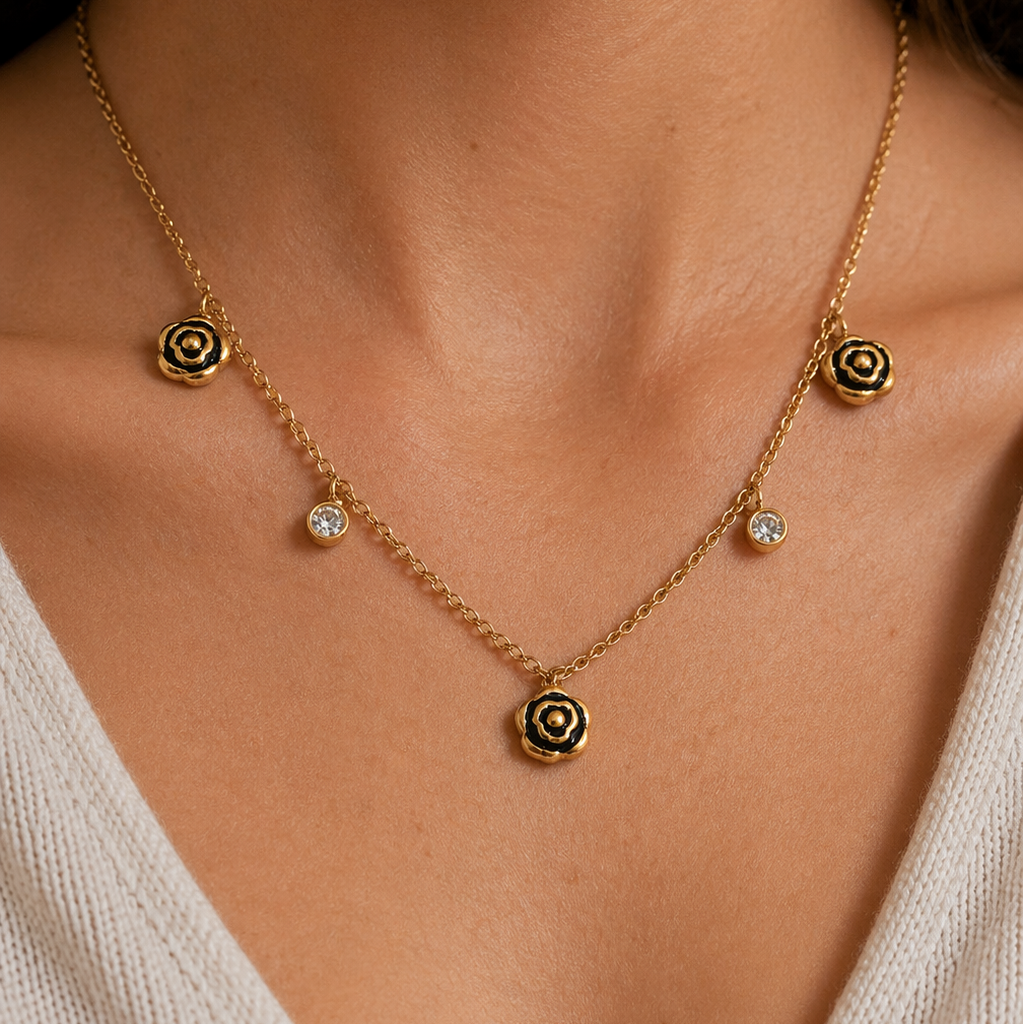 Nova Black Enamel Flower Gold Necklace
