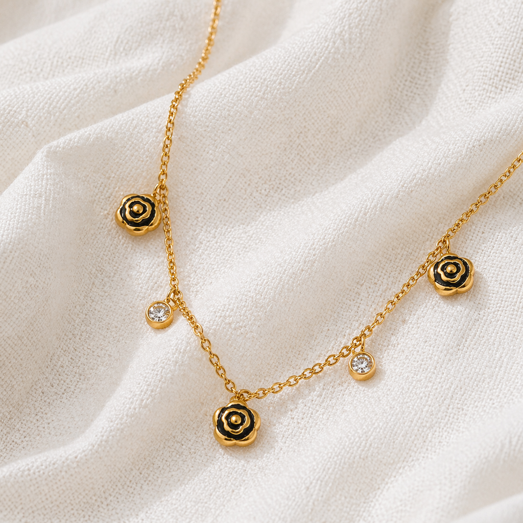 Nova Black Enamel Flower Gold Necklace