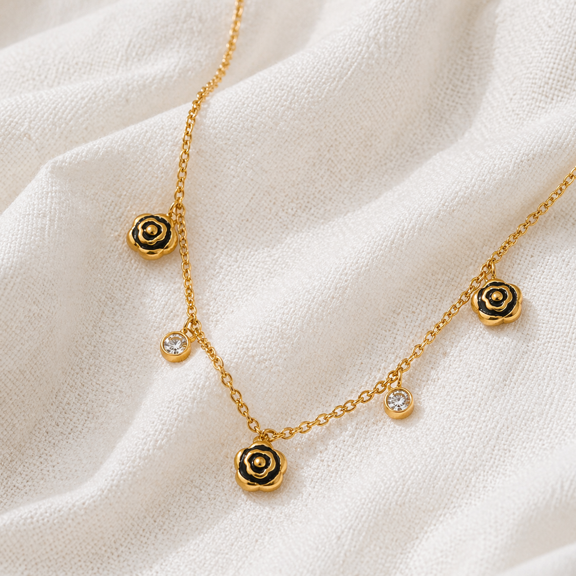 Nova Black Enamel Flower Gold Necklace