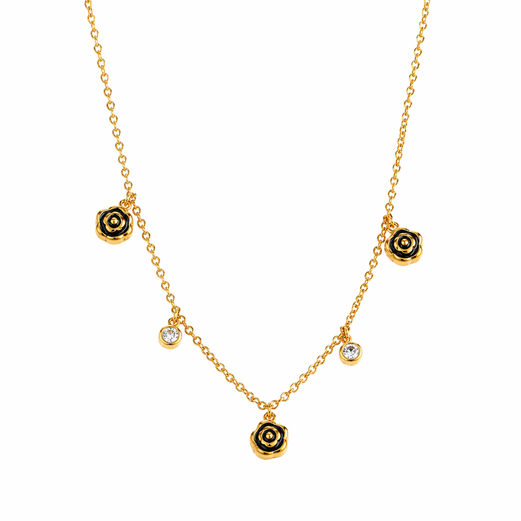 Nova Black Enamel Flower Gold Necklace