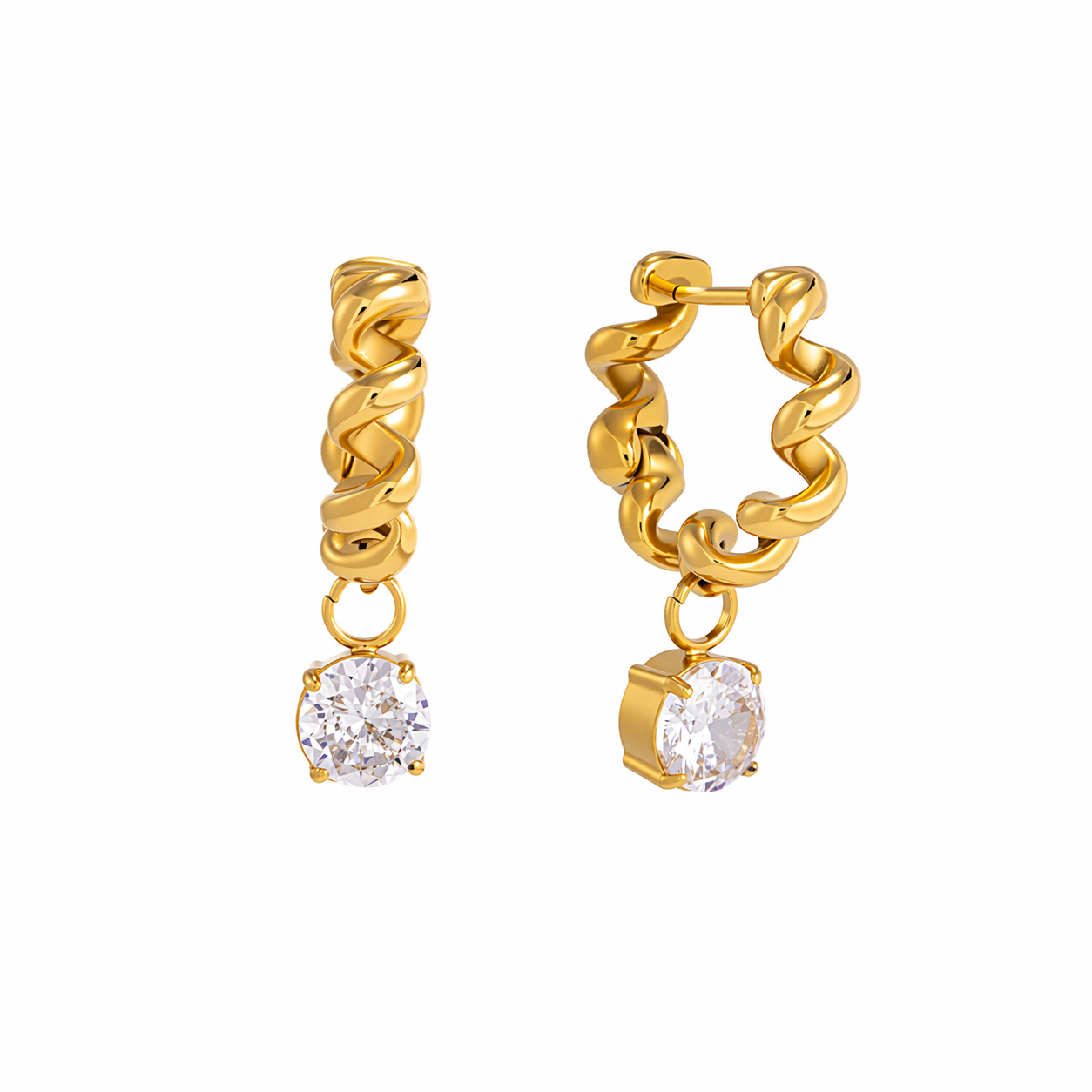 Veie Twisted Gold Hoop Earrings with CZ Drop