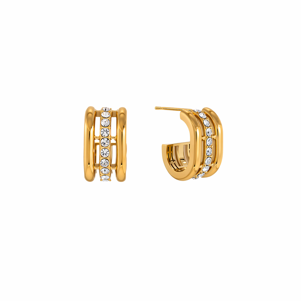 Sara Double Hoop Gold Earrings with CZ Line