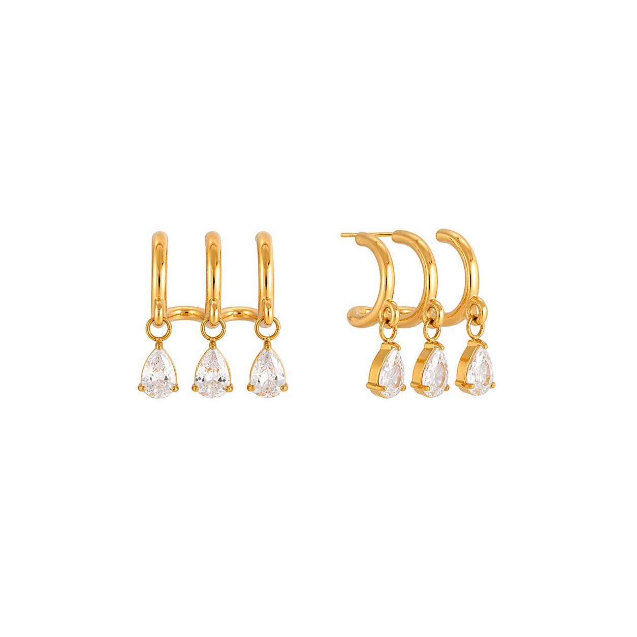 Aarohi Gold Hoop Earrings with Triple Teardrop CZ Charms
