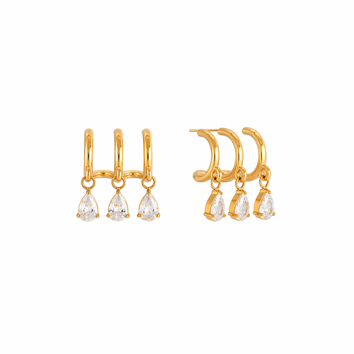Aarohi Gold Hoop Earrings with Triple Teardrop CZ Charms