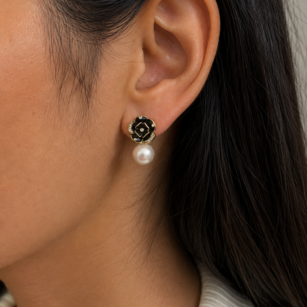 Sienna Black Floral Pearl Statement Gold Earrings