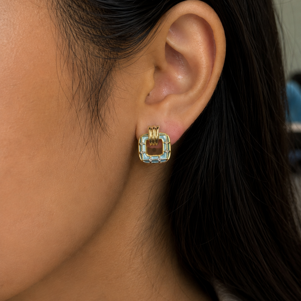 Thea Aqua Blue Square Gold Earrings