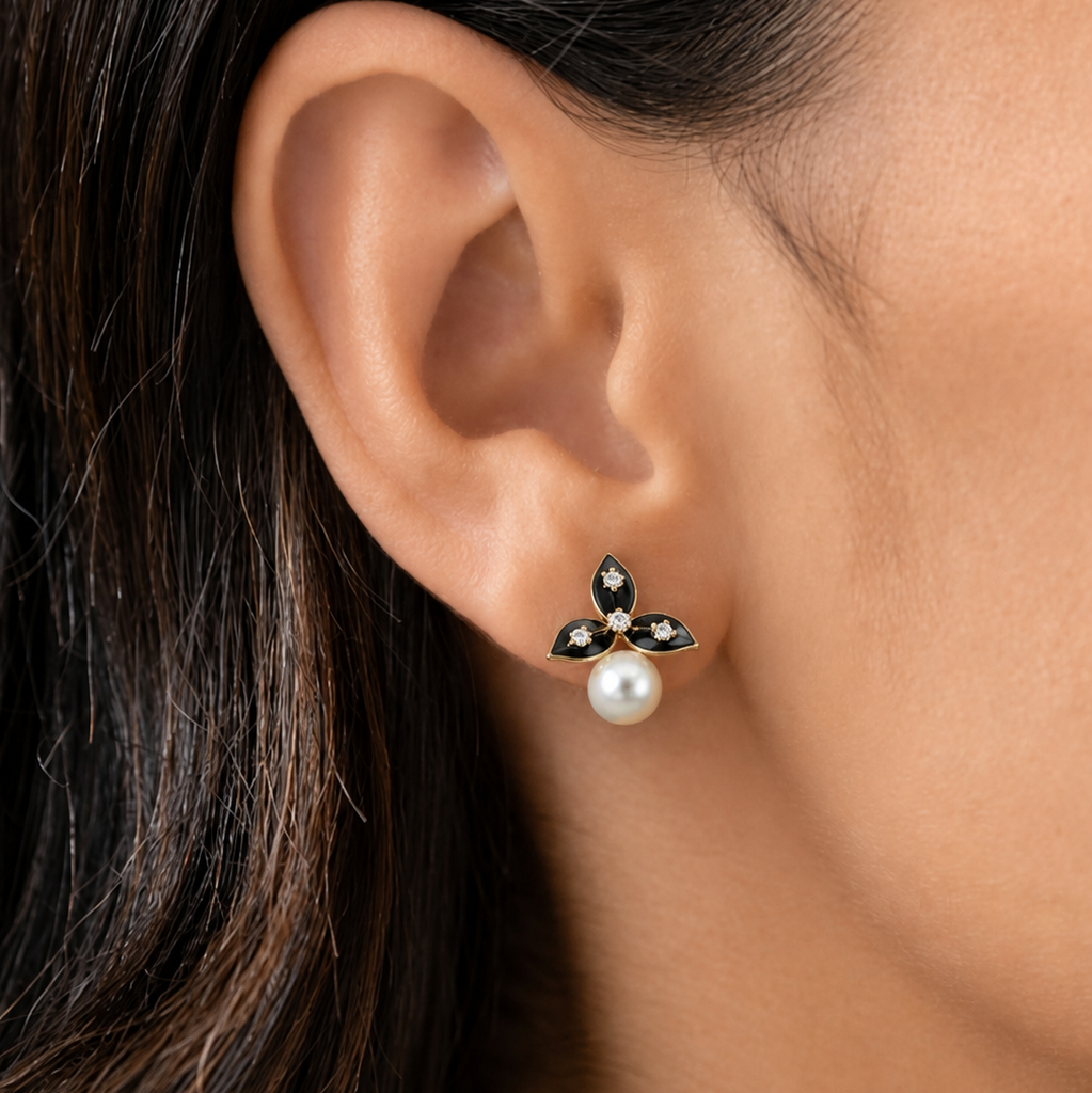 Xenia Black Floral Pearl Earrings