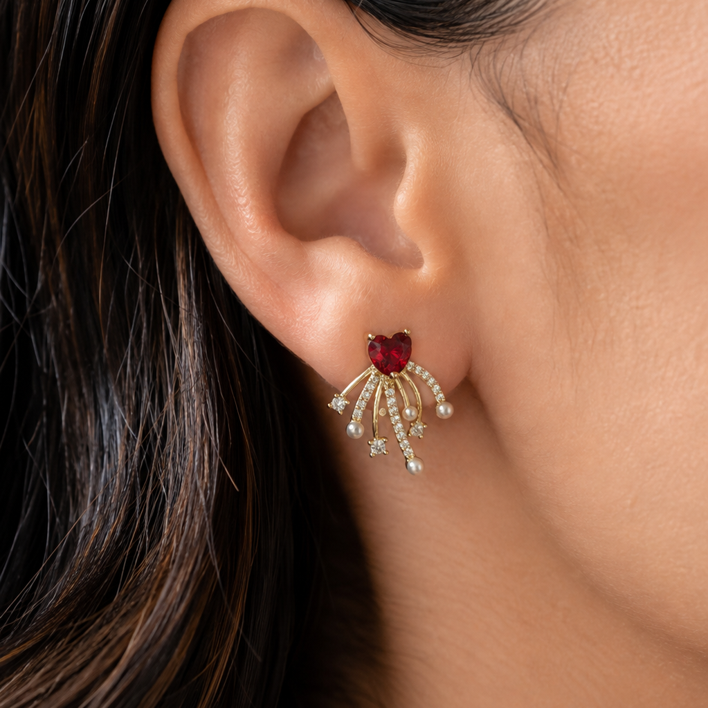 Zara Red Heart CZ & Pearl Earrings