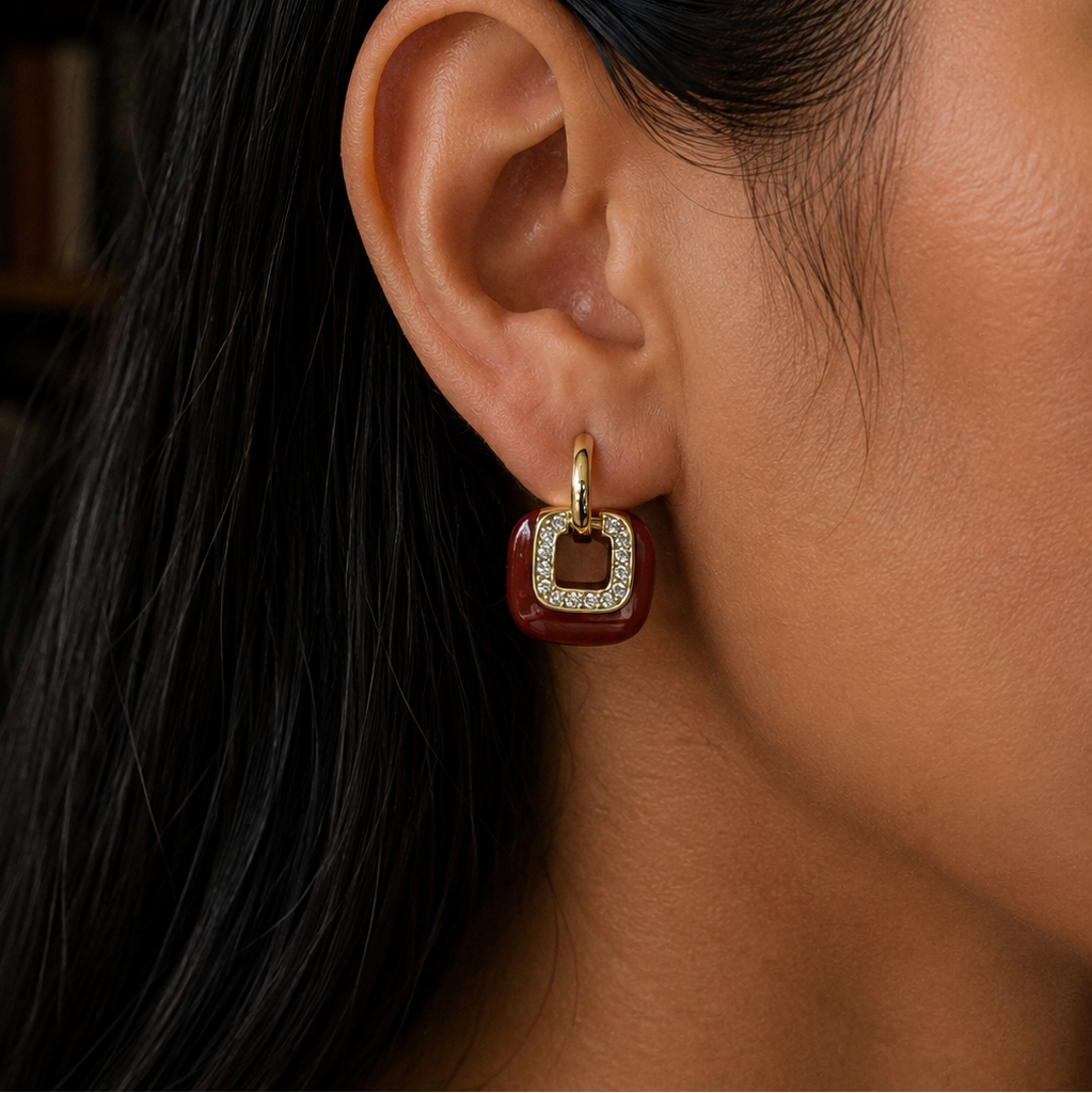 Poppy Red Enamel Square Gold Earrings