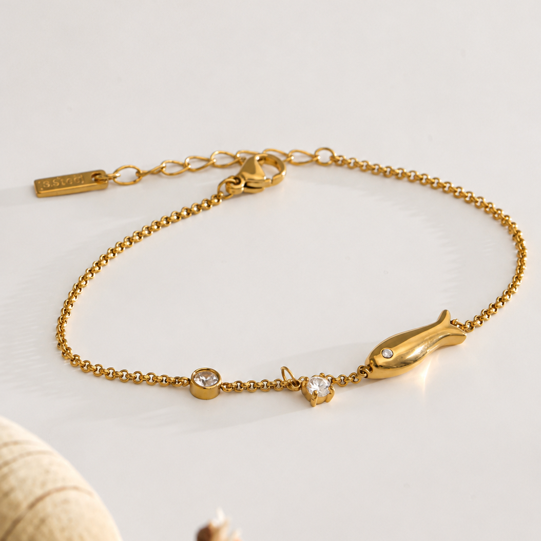 Marina CZ Fish Charm Chain Bracelet