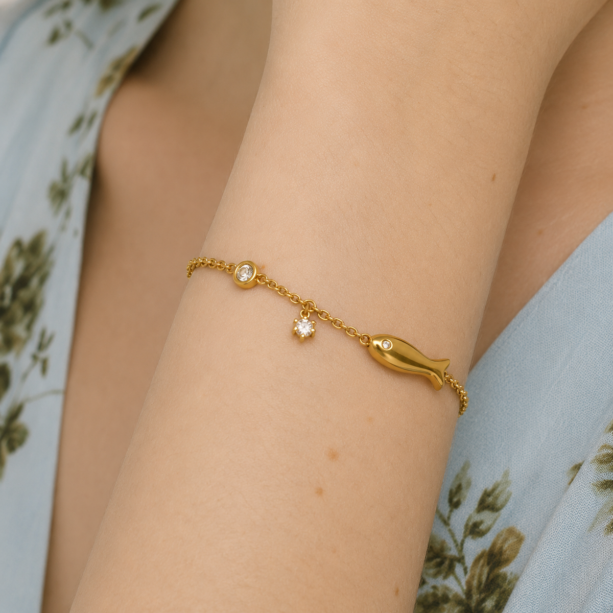Marina CZ Fish Charm Chain Bracelet
