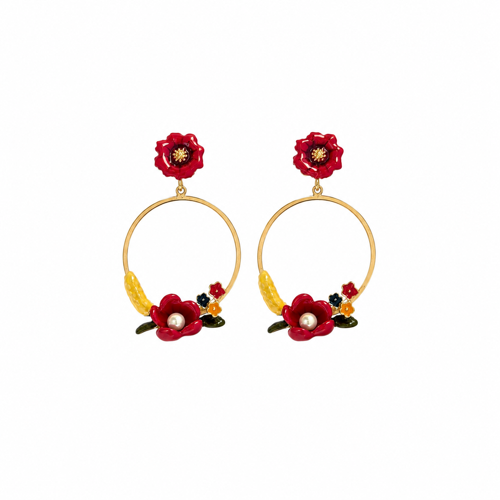 Rosalie Red Floral Pearl Hoop Earrings