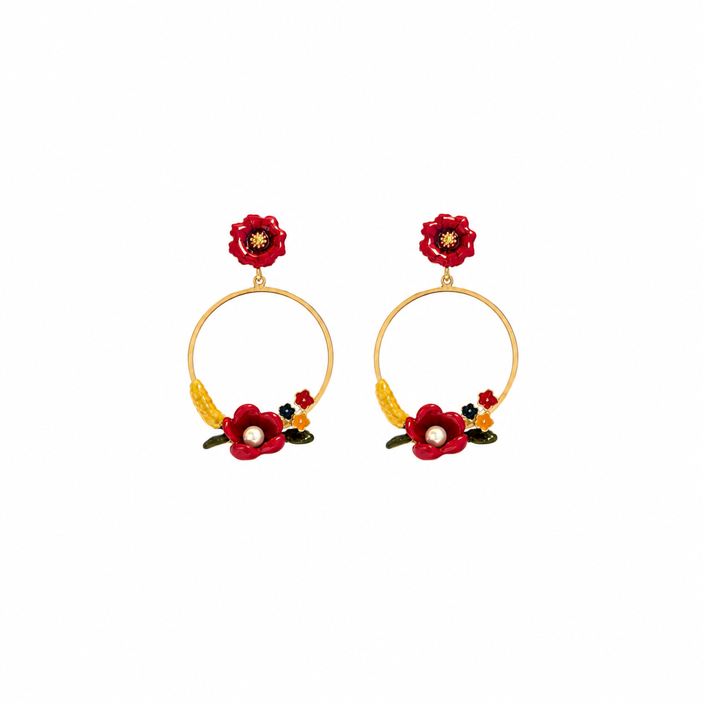 Rosalie Red Floral Pearl Hoop Earrings