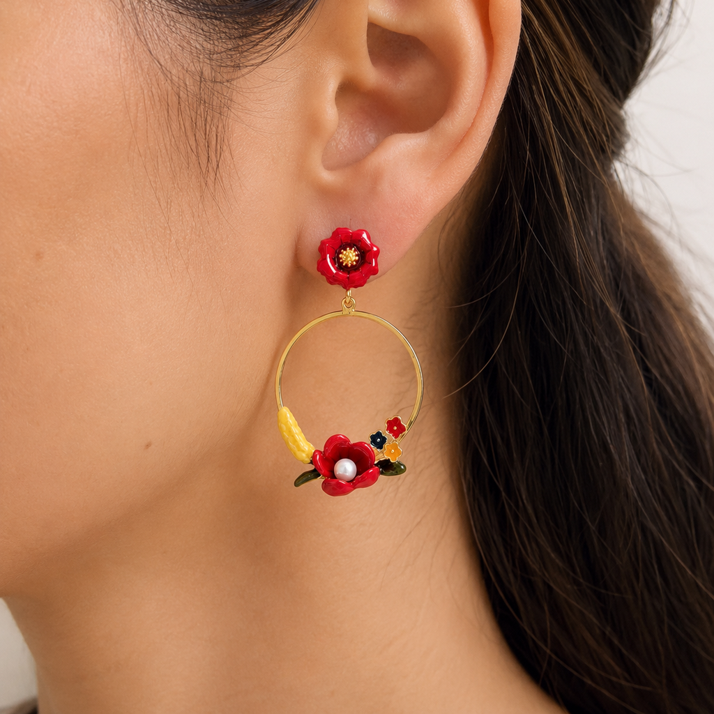 Rosalie Red Floral Pearl Hoop Earrings
