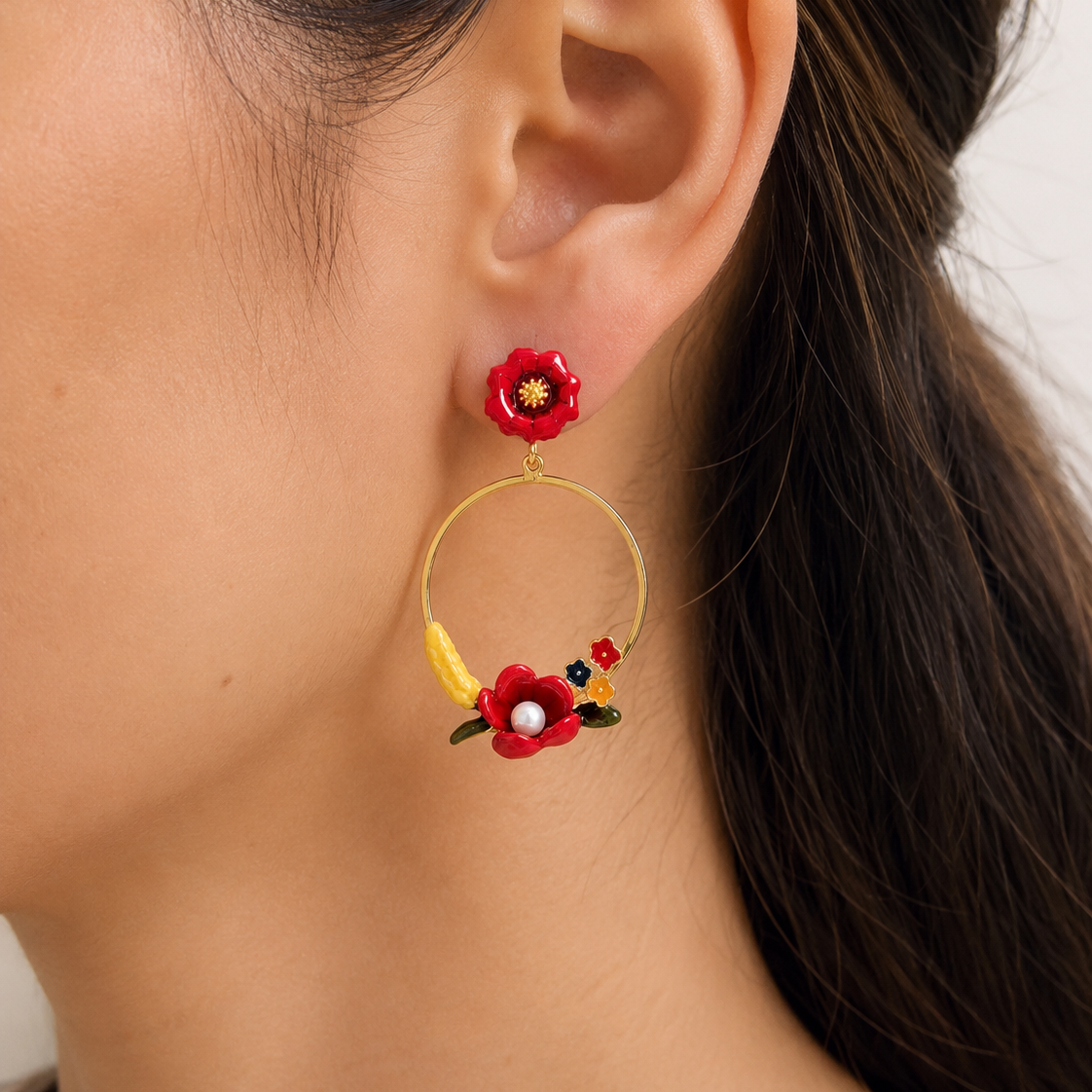Rosalie Red Floral Pearl Hoop Earrings