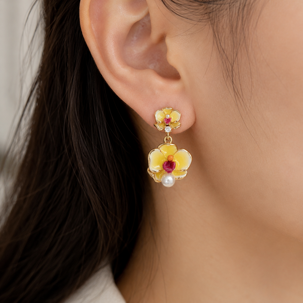 Elara Yellow Flower Pearl Drop Earrings