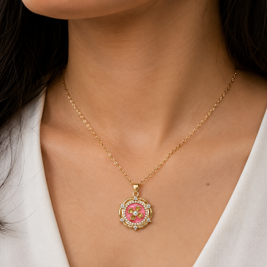 Aanya Pink Enamel Flower Necklace