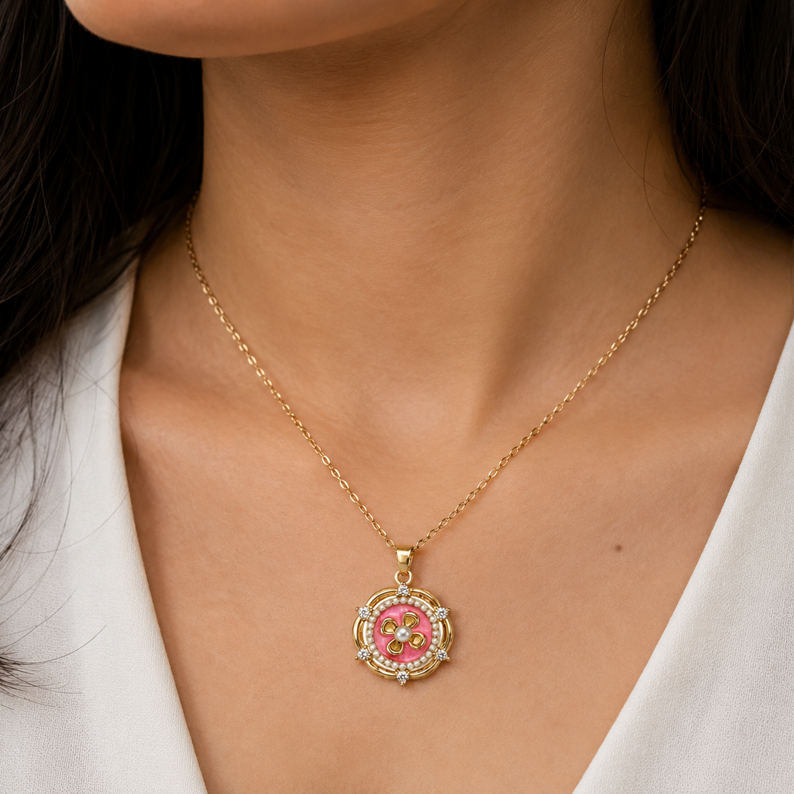Aanya Pink Enamel Flower Necklace
