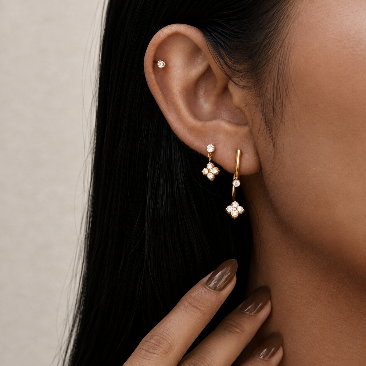 Ruby Gold Clover CZ Set Earrings