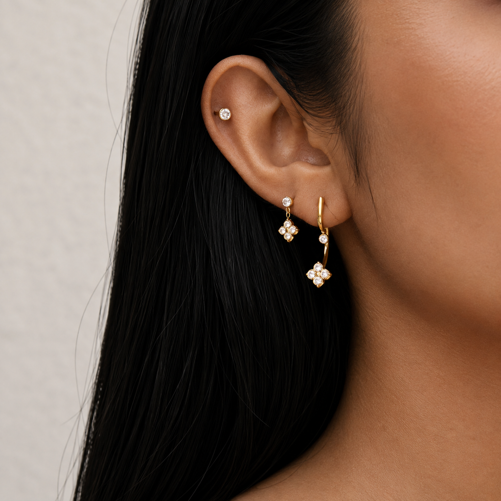 Ruby Gold Clover CZ Set Earrings