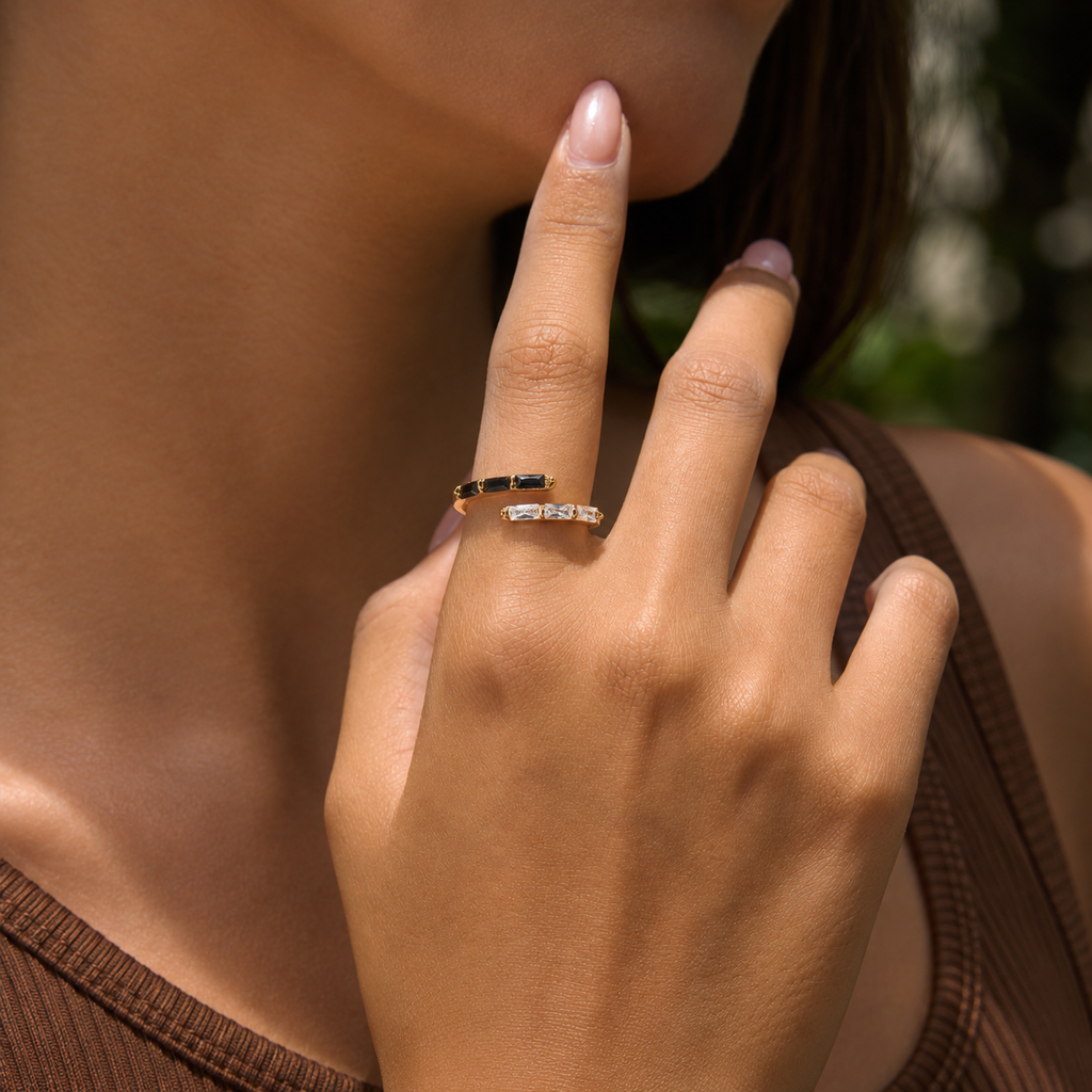 Aria Gold Black & White CZ Adjustable Ring