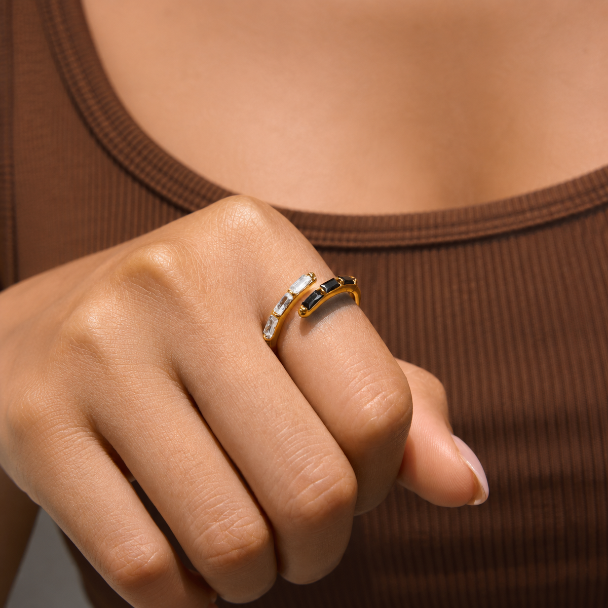 Aria Gold Black & White CZ Adjustable Ring