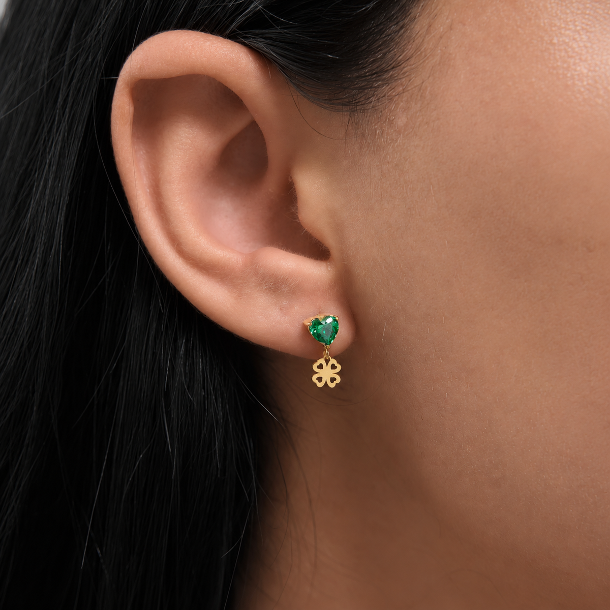 Isla Gold Green Heart Clover Drop Earrings