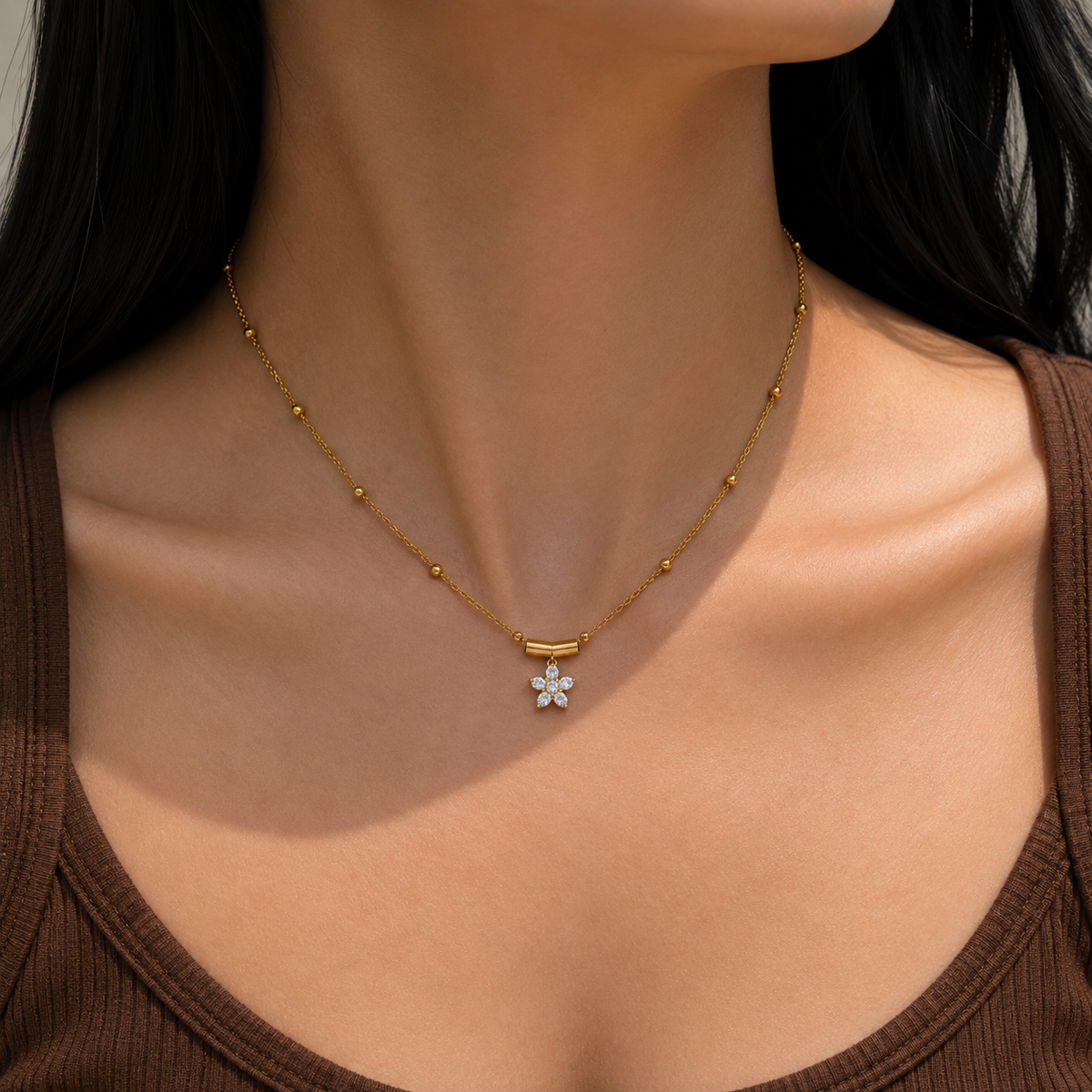 Amelia Gold Flower CZ Pendant Necklace