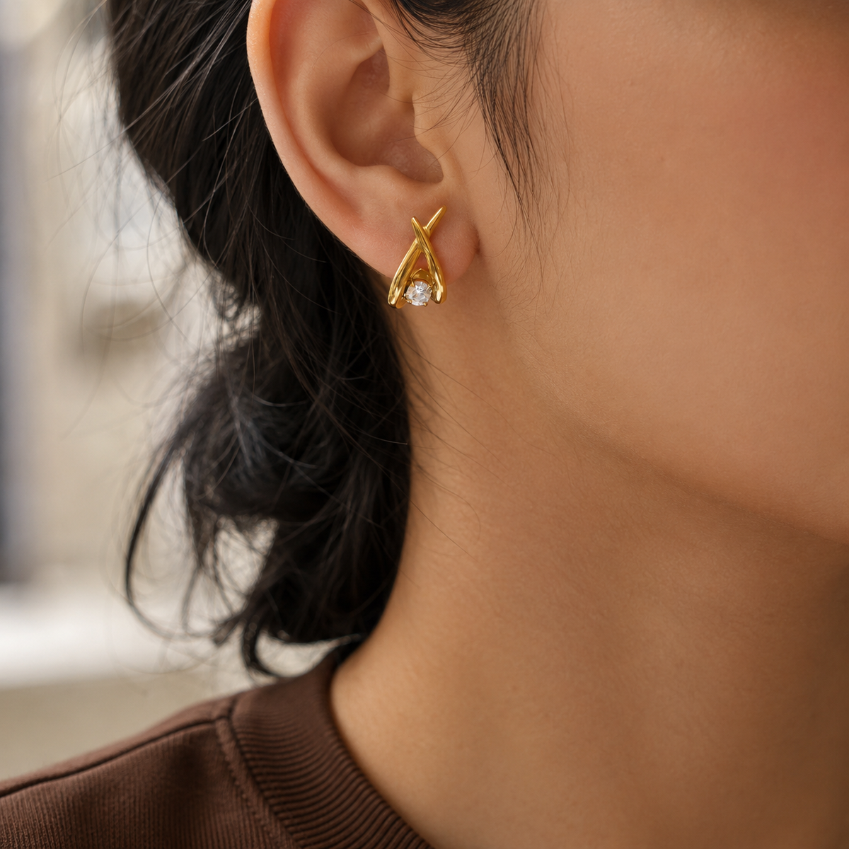 Freya Gold Crossed CZ Earrings