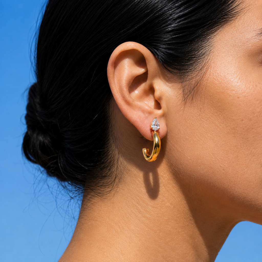 Diana Gold Teardrop CZ Half Hoop Earrings