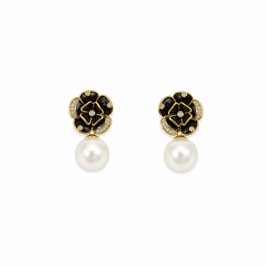 Sienna Black Floral Pearl Statement Gold Earrings