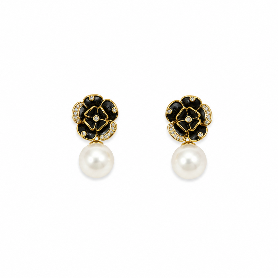 Sienna Black Floral Pearl Statement Gold Earrings