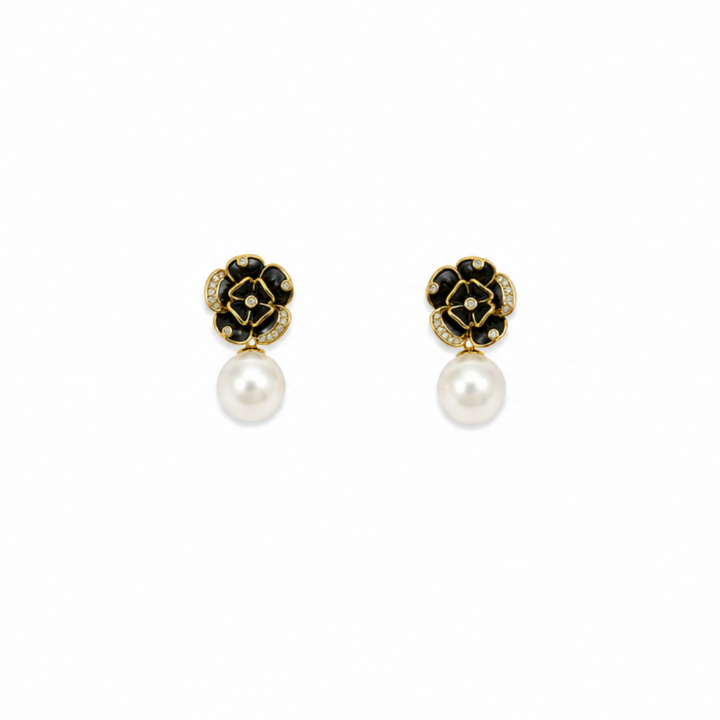 Sienna Black Floral Pearl Statement Gold Earrings