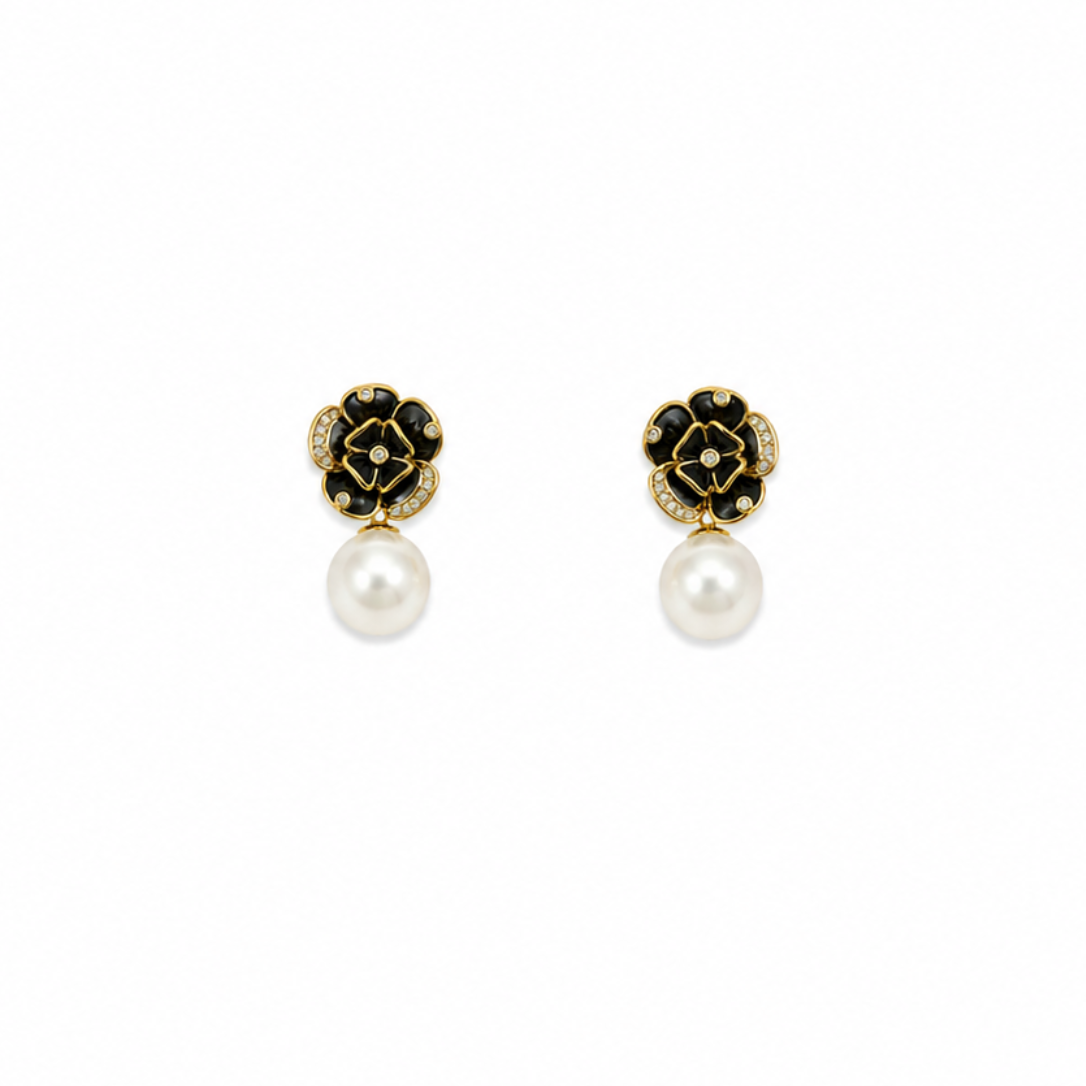 Sienna Black Floral Pearl Statement Gold Earrings