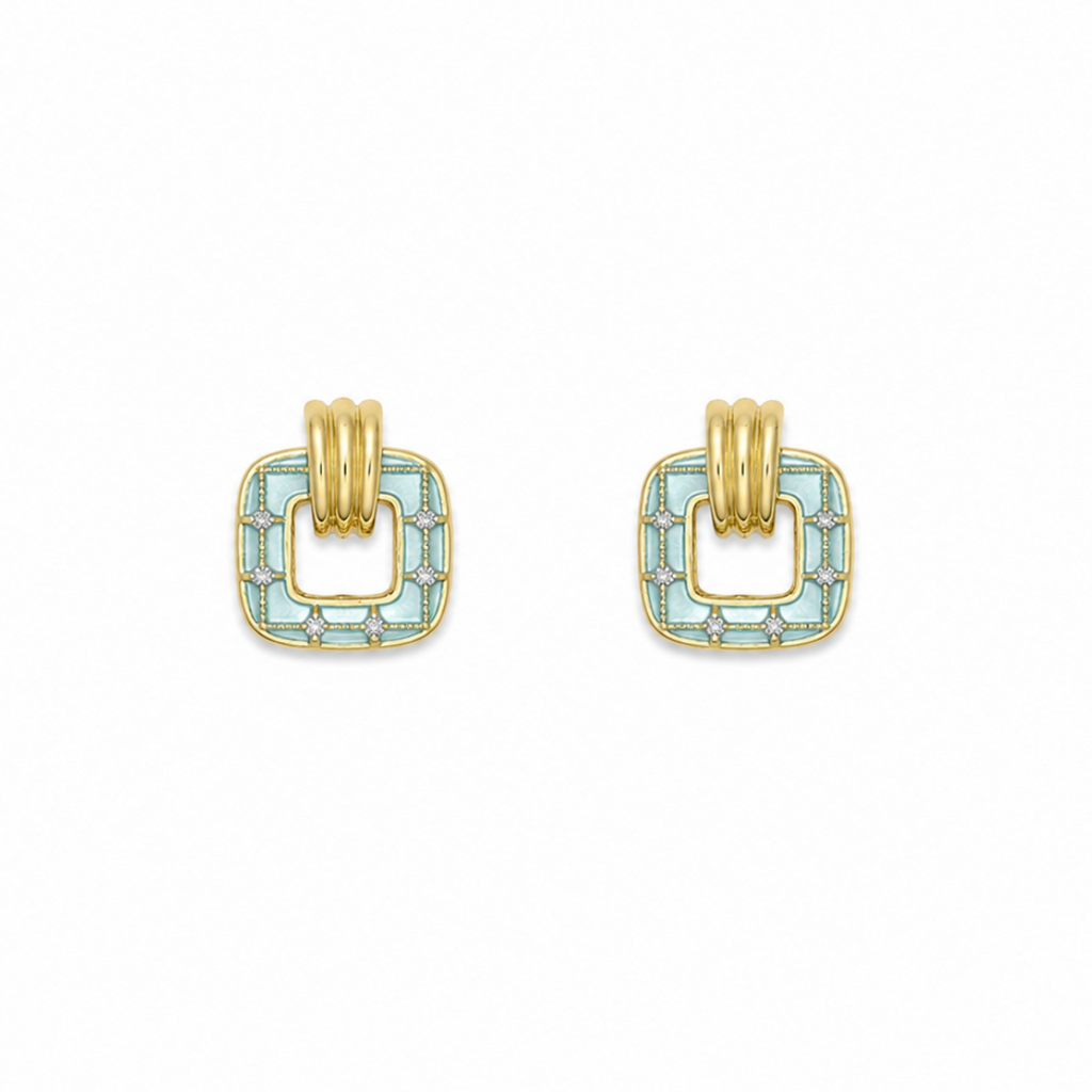 Thea Aqua Blue Square Gold Earrings