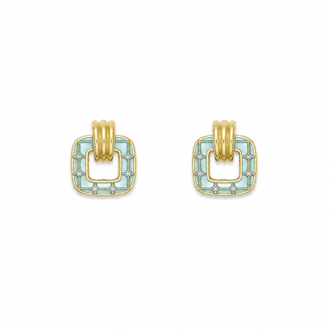 Thea Aqua Blue Square Gold Earrings