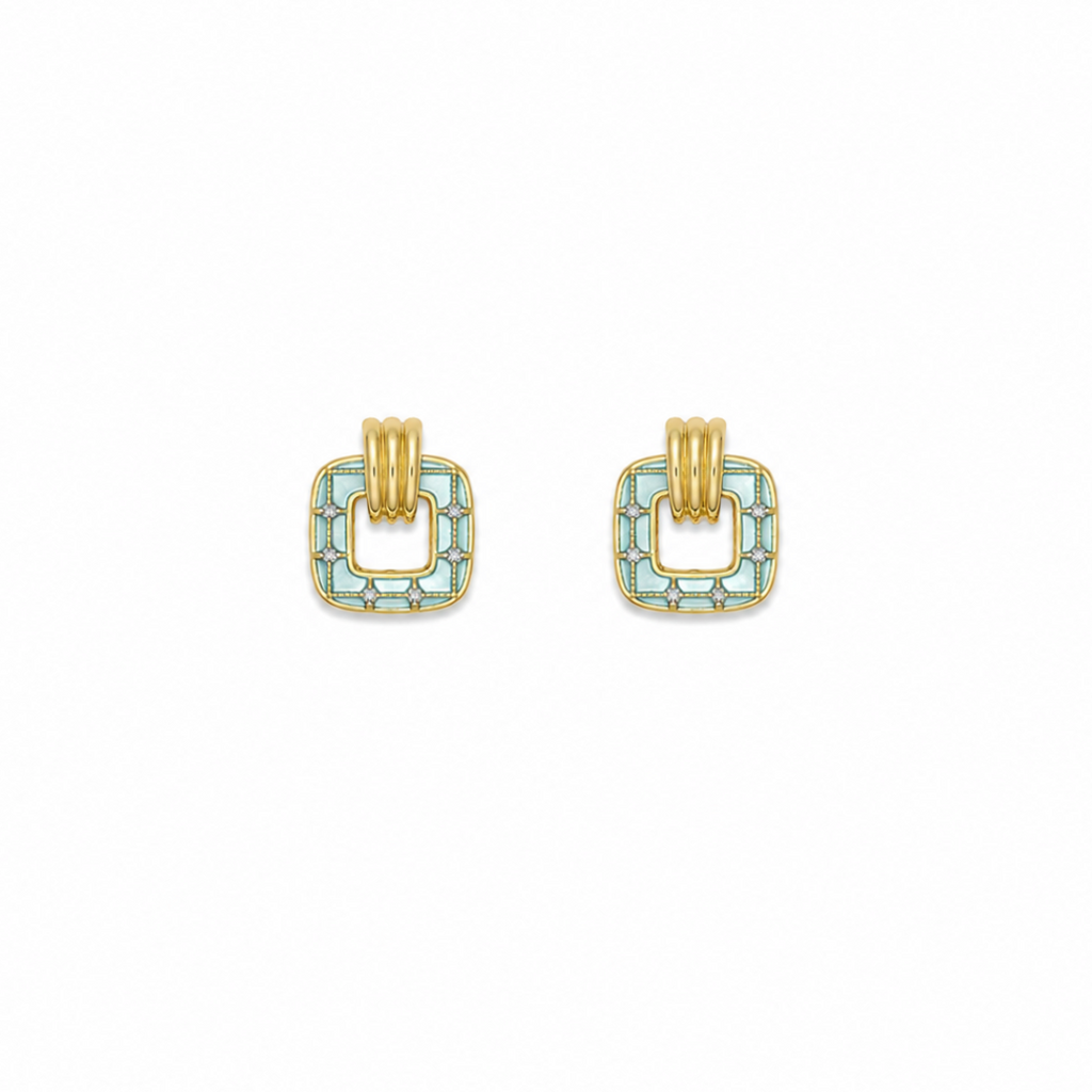 Thea Aqua Blue Square Gold Earrings