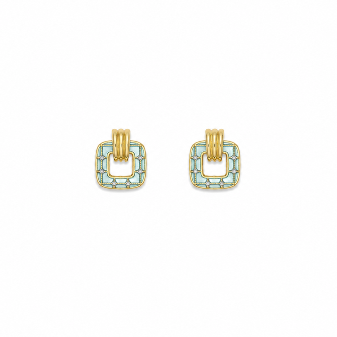 Thea Aqua Blue Square Gold Earrings