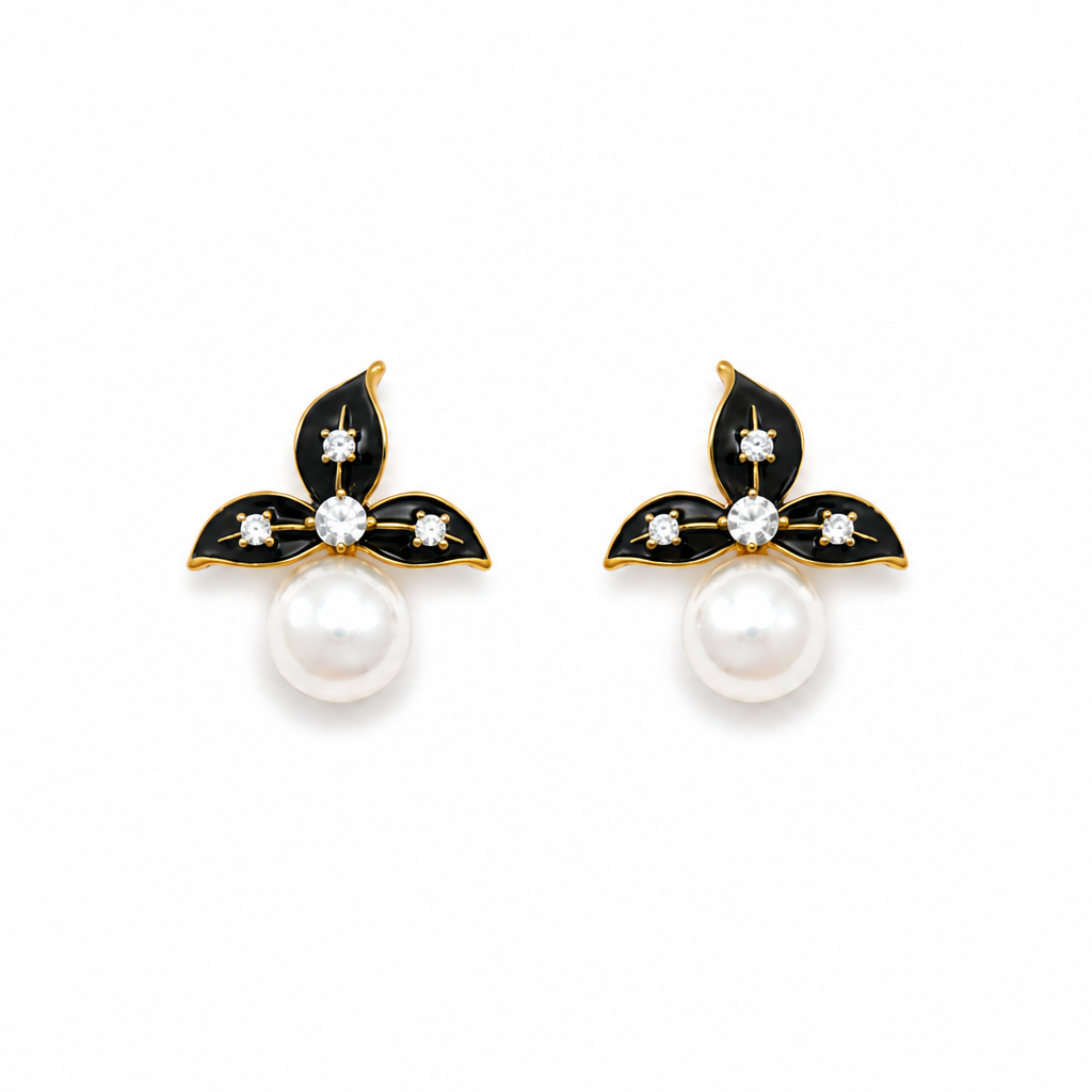 Xenia Black Floral Pearl Earrings
