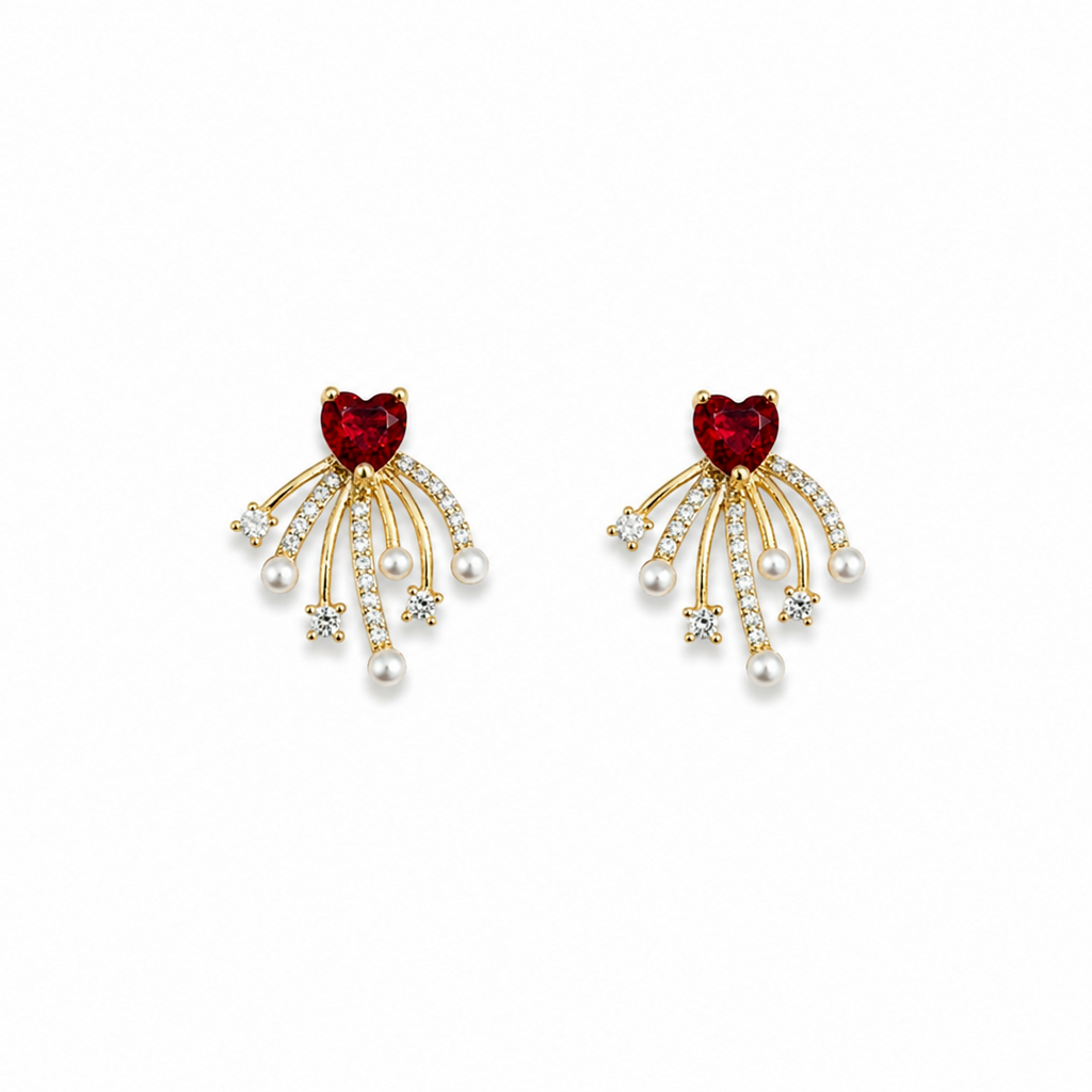 Zara Red Heart CZ & Pearl Earrings