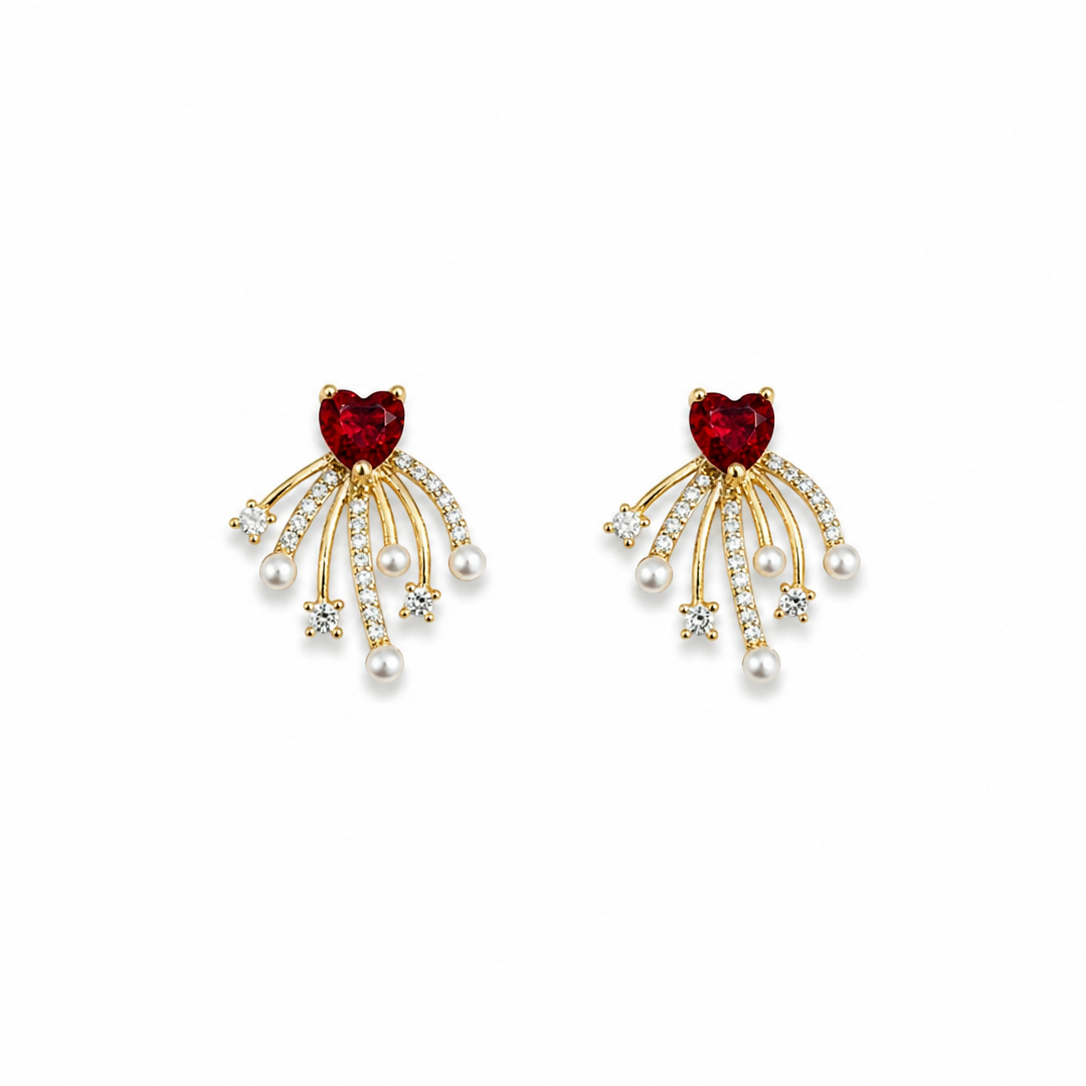 Zara Red Heart CZ & Pearl Earrings