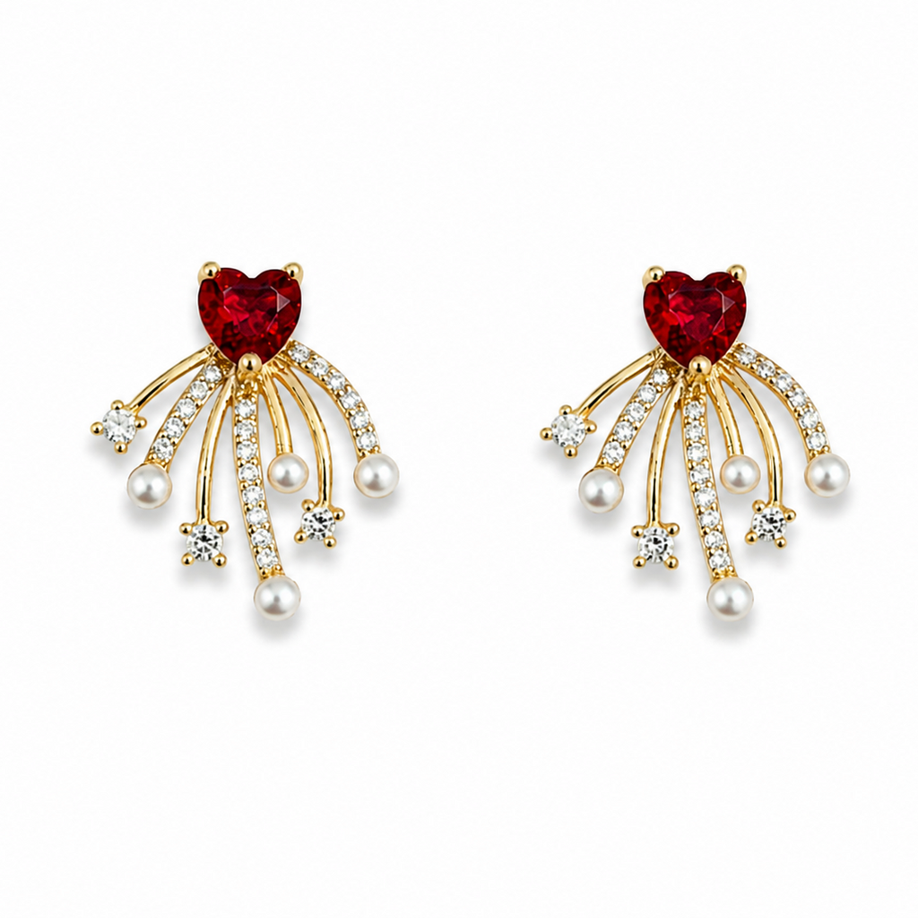 Zara Red Heart CZ & Pearl Earrings