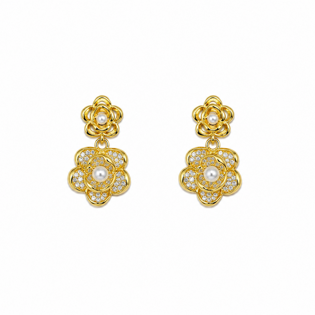 Camellia Pearl Floral Drop Earrings