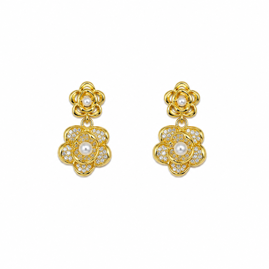 Camellia Pearl Floral Drop Earrings