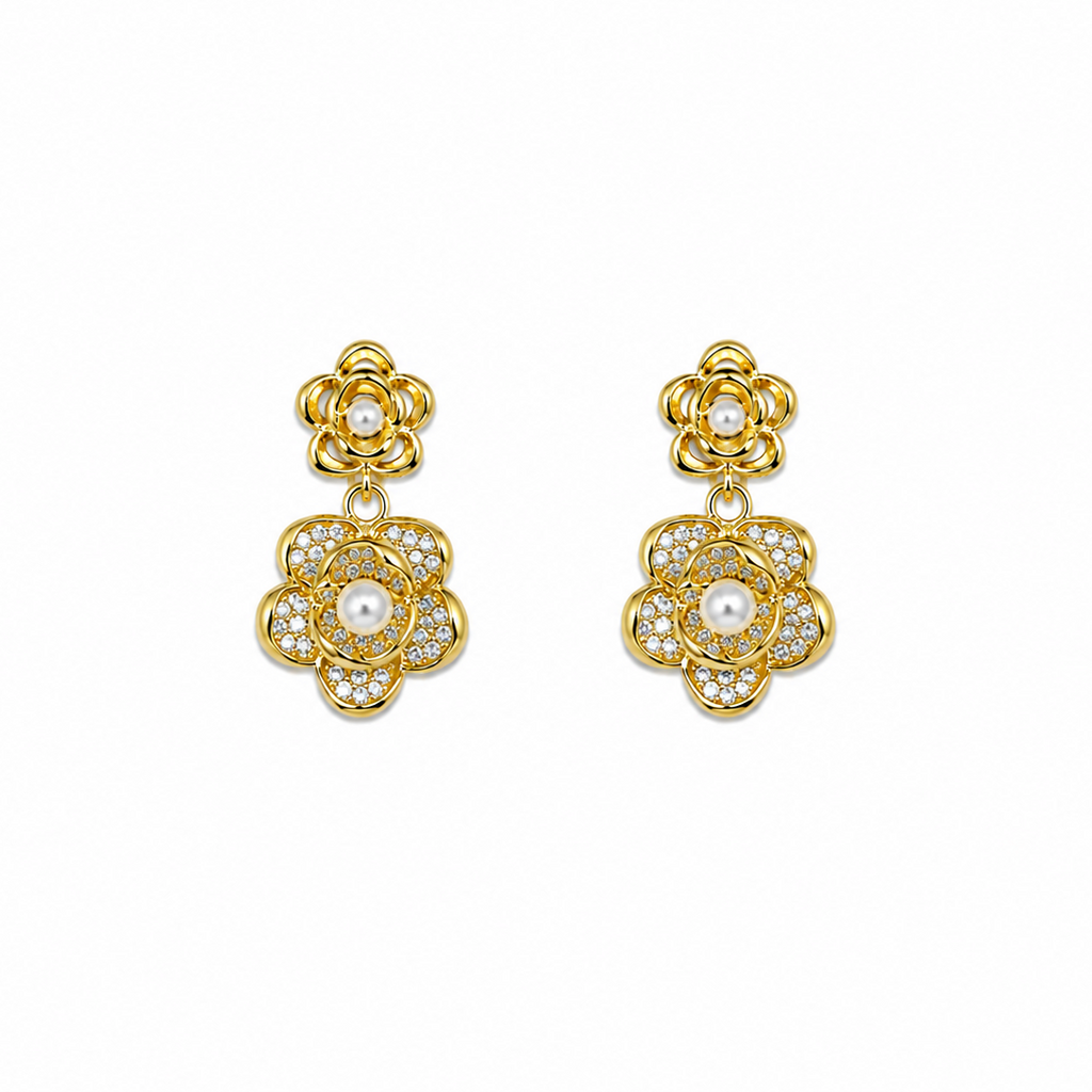 Camellia Pearl Floral Drop Earrings