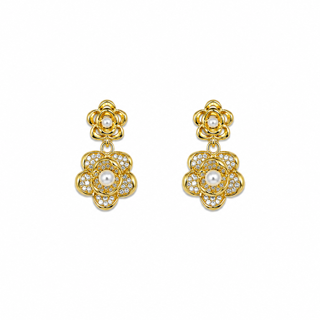 Camellia Pearl Floral Drop Earrings
