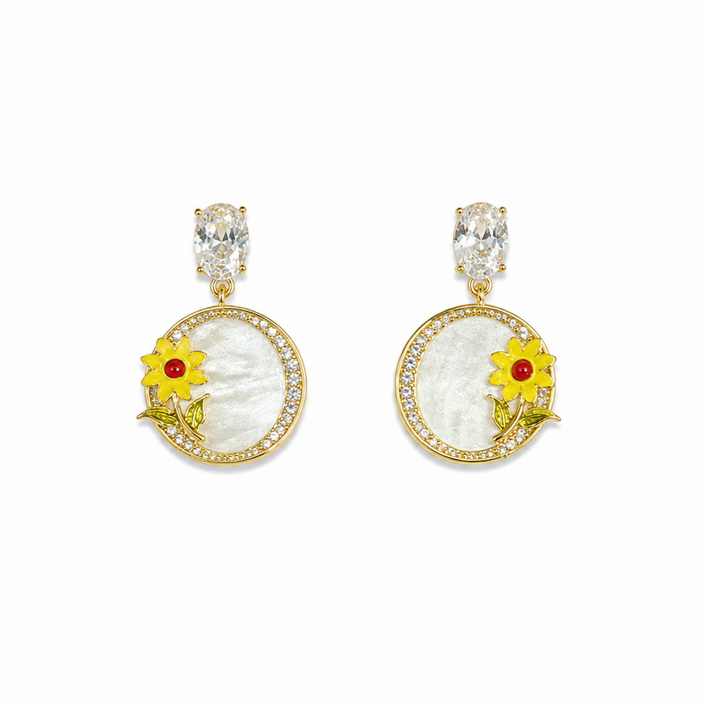 Daisy Sunflower Pearl Drop Earrings