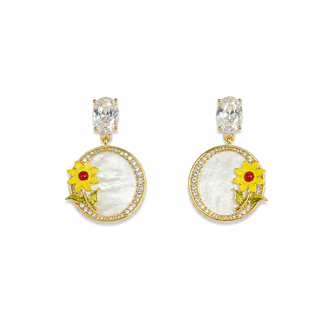 Daisy Sunflower Pearl Drop Earrings